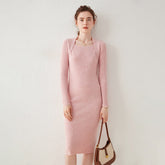 Square Neck Slim Ribbed Knit Bodycon Midi Sweater Dress
